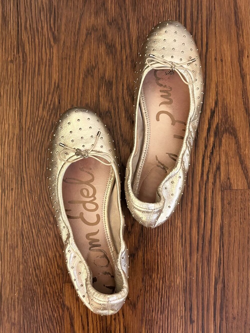 Sam Edelman Frankie Metallic Gold Leather Stud-Embellished Ballet Flats 8.5
